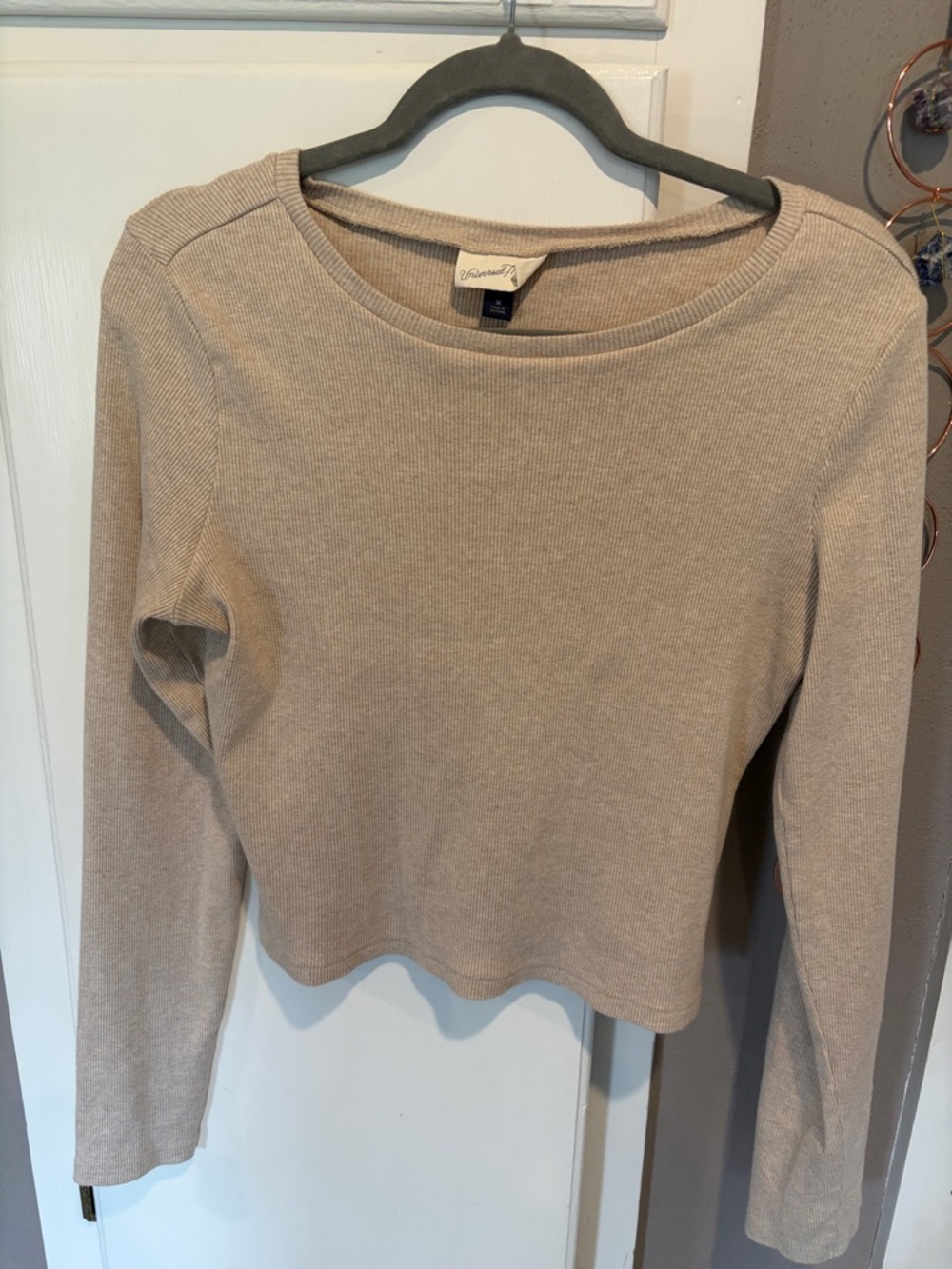 Casual Ribbed Long-Sleeve Top - Beige size M